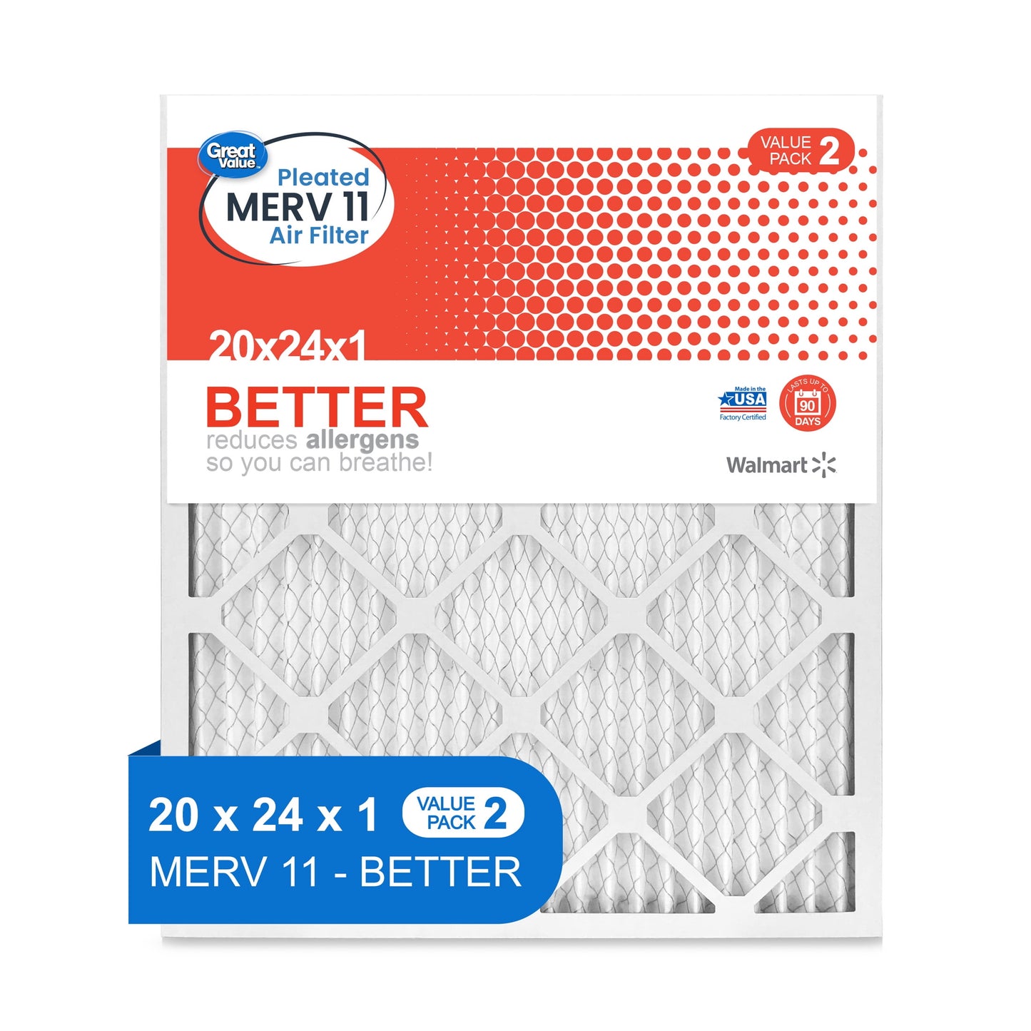 Great Value; 20x24x1; MERV 11 BETTER HVAC Air and Furnace Filter; Reduces Allergens; 2 Filters