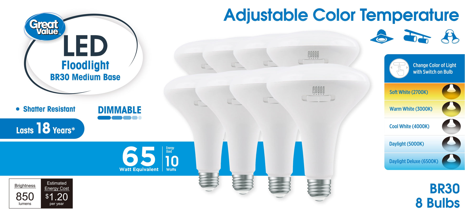 Great Value 5CCT LED BR30 Floodlight Bulb, 10W(65W Equivalent), E26 Medium Base Dimmable, 8 pack