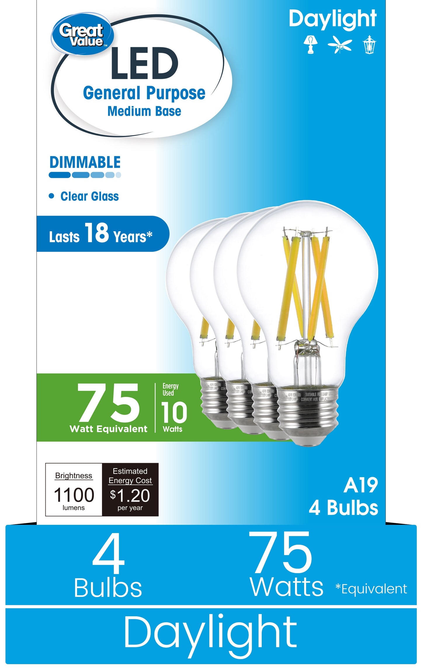 Great Value 18YR A19 LED Light Bulb, 10W (75W Equivalent) Dimmable Daylight E26 Medium Base (4 Pack)
