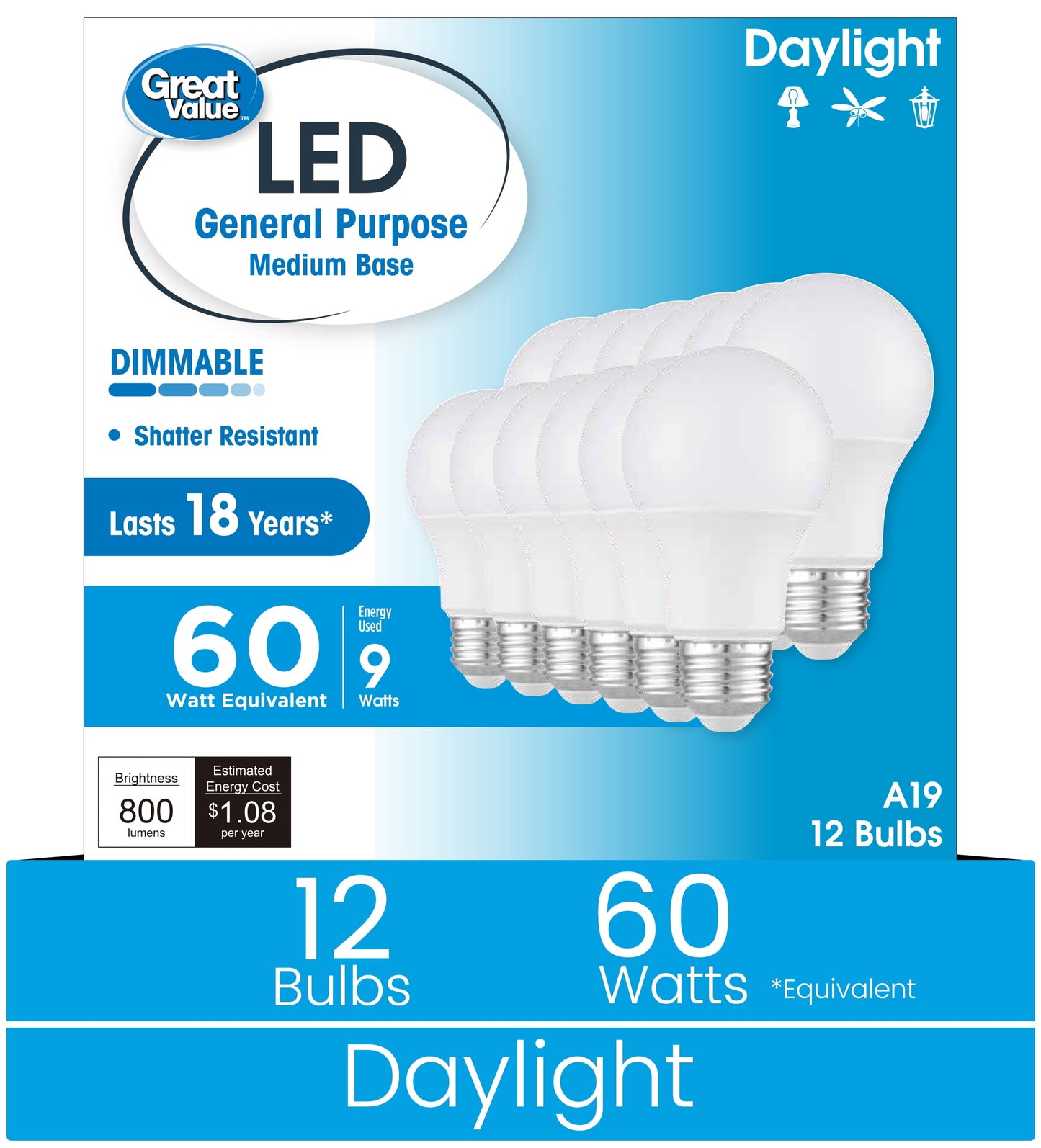 Great Value 18YR A19 LED Light Bulb, 9W (60W Equivalent) Dimmable Daylight E26 Medium Base, 12 Pack