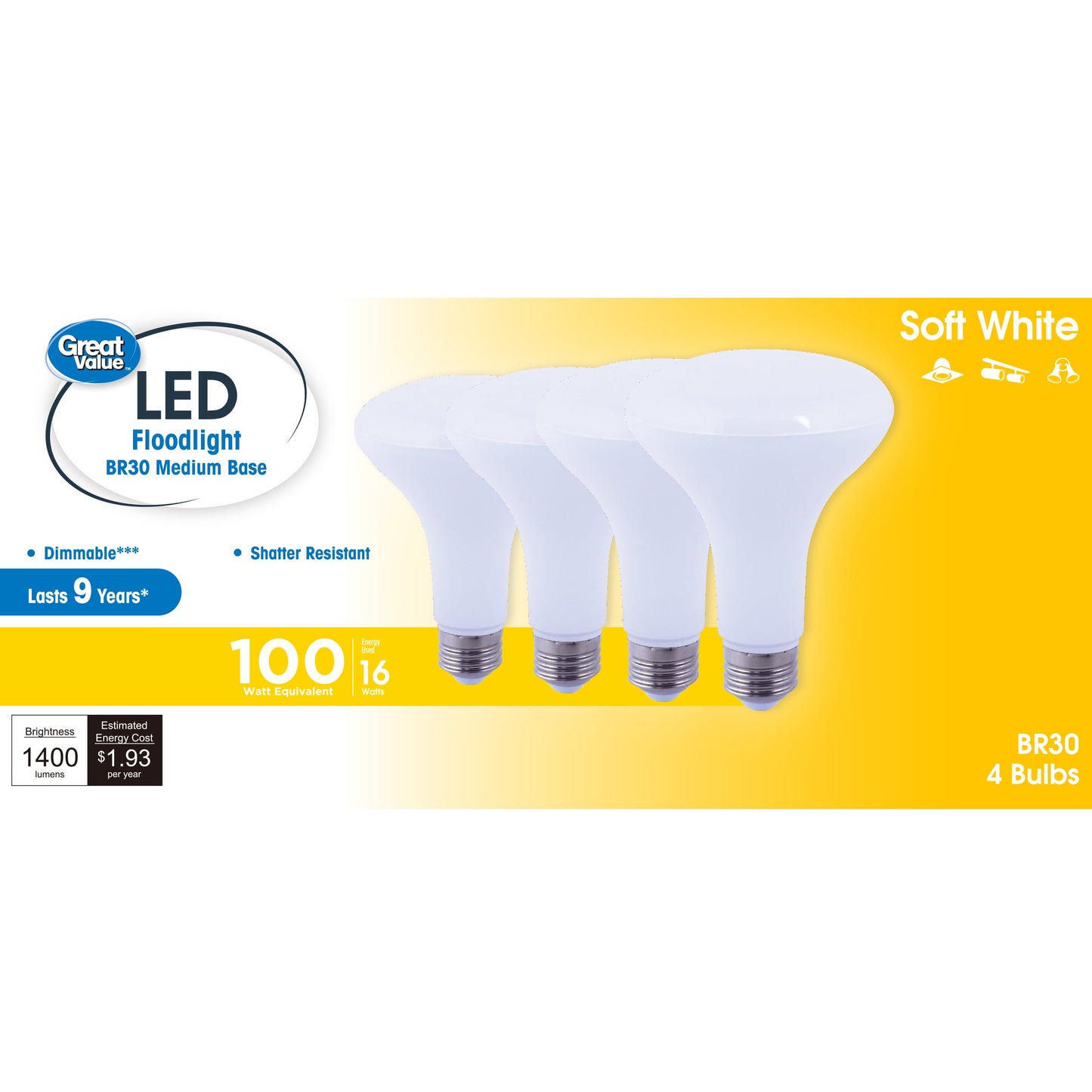Great Value BR30 LED 16W (100W Equivalent) Soft White E26 Medium Base Floodlight Bulbs, Dimmable, 4 Pack