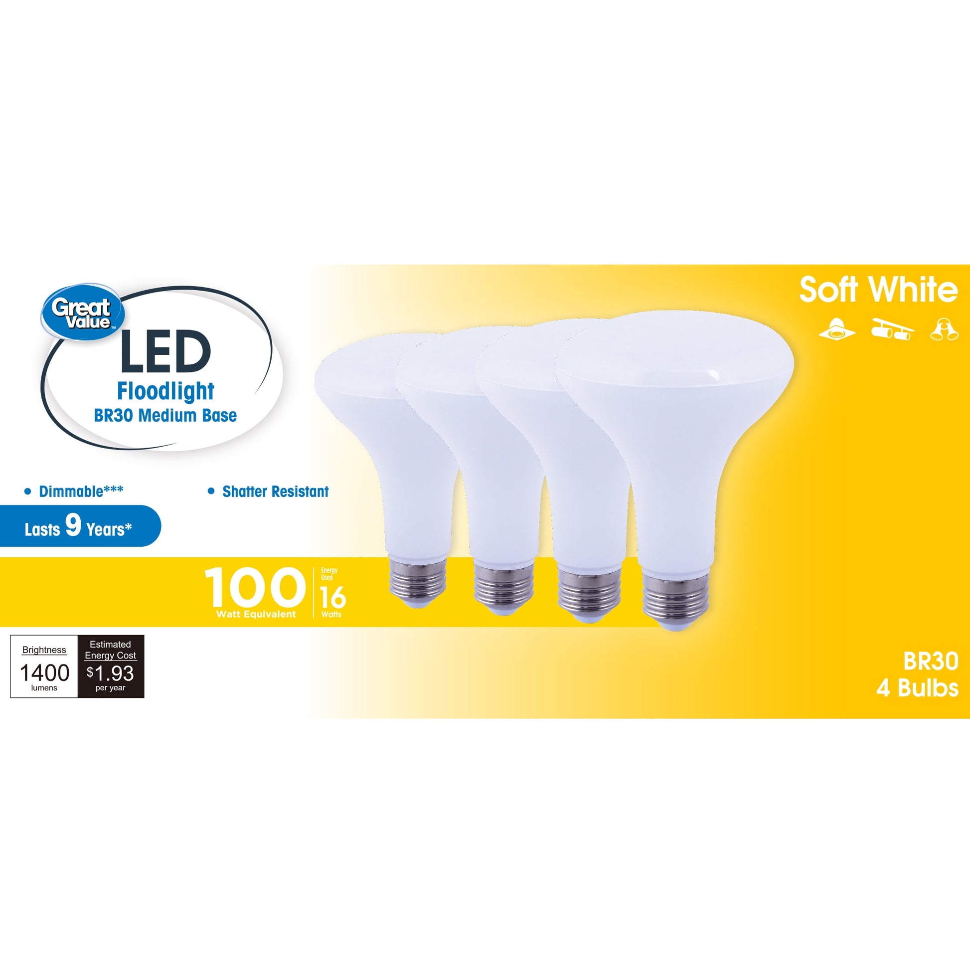 Great Value BR30 LED 16W (100W Equivalent) Soft White E26 Medium Base Floodlight Bulbs, Dimmable, 4 Pack