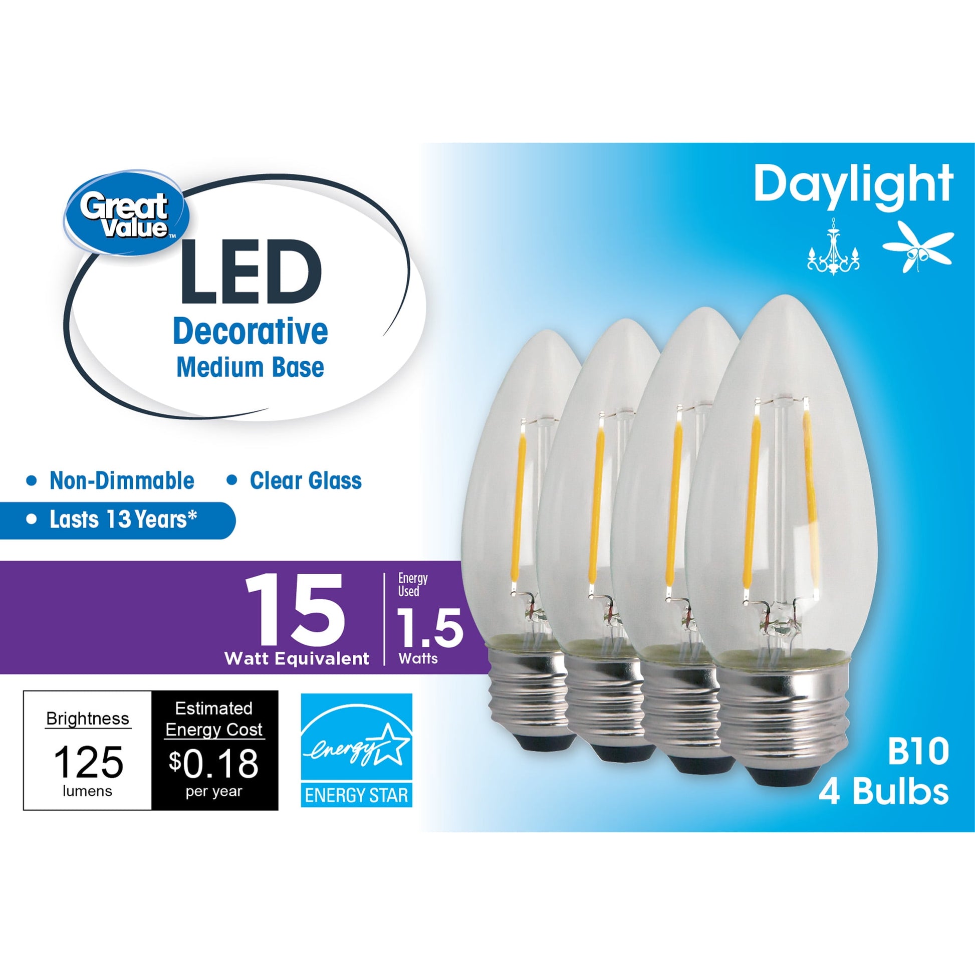 Great Value LED Light Bulb, 1.5W (15W Equivalent) B10 Deco Lamp E26 Medium Base, Non-Dimmable, Daylight, 4-Pack
