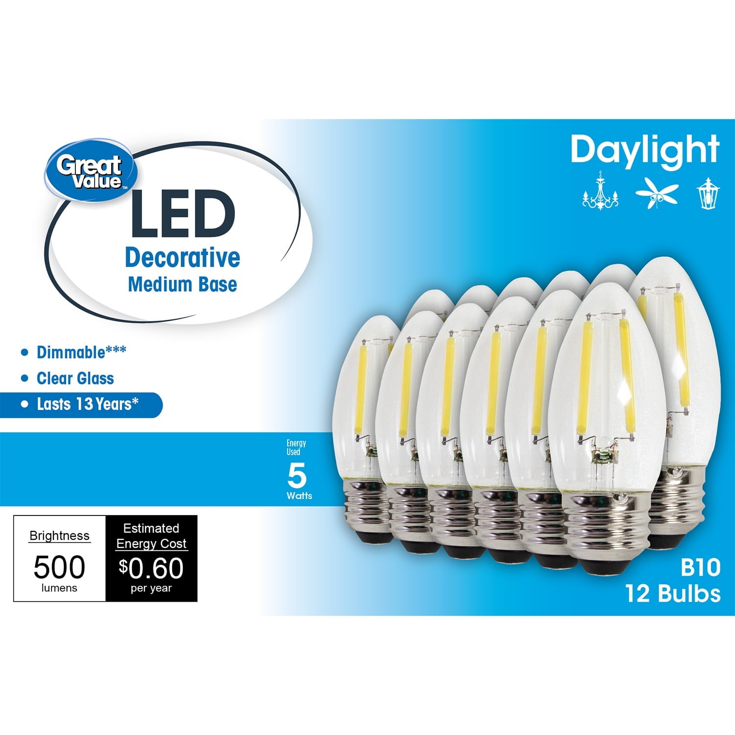 Great Value LED Light Bulb, 4W (60W Equivalent) B10 Deco Lamp E26 Medium Base, Dimmable, Daylight, 12-Pack