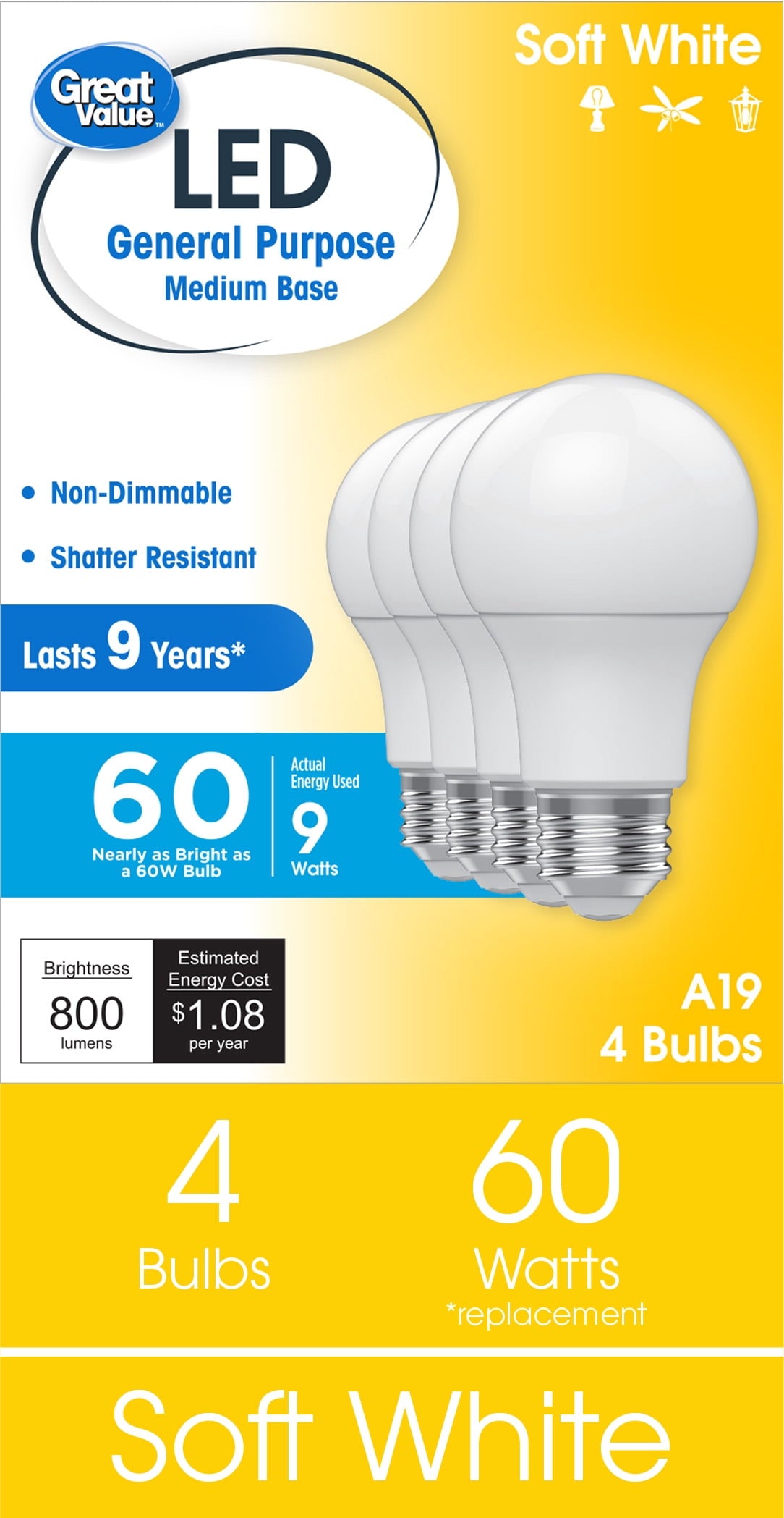 Great Value LED Light Bulbs, 60 Watts Eqv, Soft White, A19 General Purpose Light Bulbs, 9yr, 4 pack