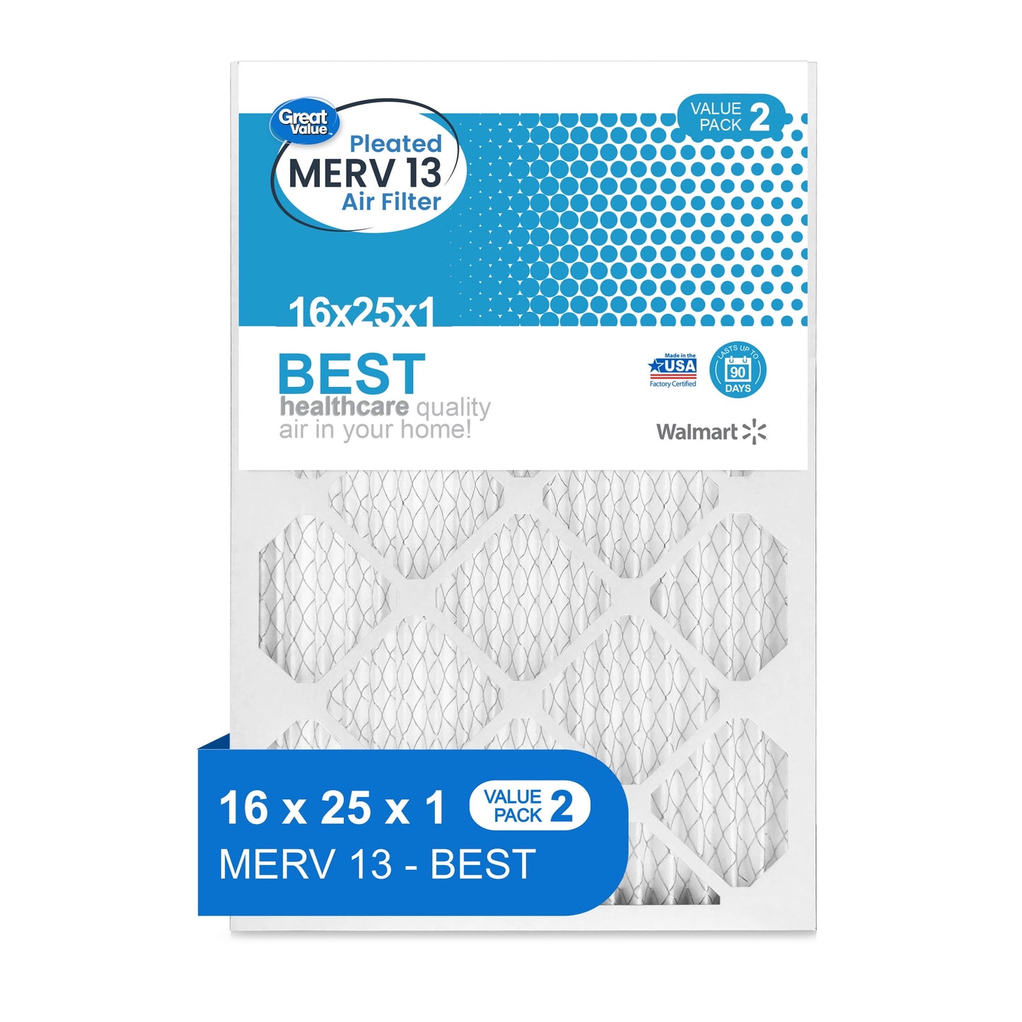Great Value Pleated MERV 13Cardboard Frame Furnace Filter, 2 Count