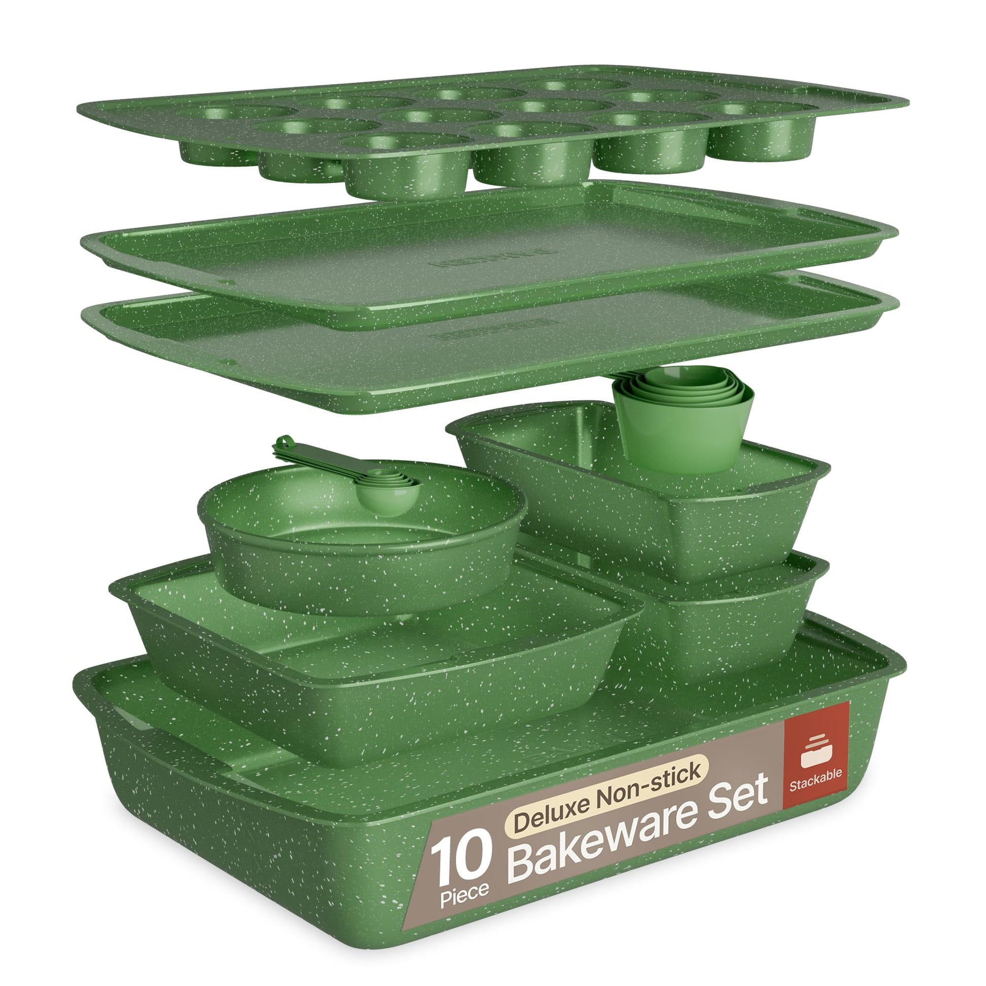 Bakken- Swiss 10-Piece Bakeware Sets, Nonstick Carbon Steel Baking Sheet & Pans, Stackable Space-Saving Bakeware, Stain-resistant, Oven Safe (up to 450Â°F), Green