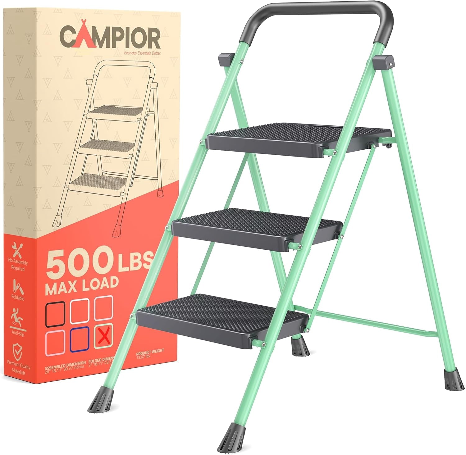 Green 3 Step Stool Foldable â€“ Heavy-Duty Foldable Step Stool, 500 lbs Capacity, Anti-Slip Feet & Wide Steps, Sturdy Steel Frame, Lightweight & Space-Saving Design for Home, Kitchen & Garage