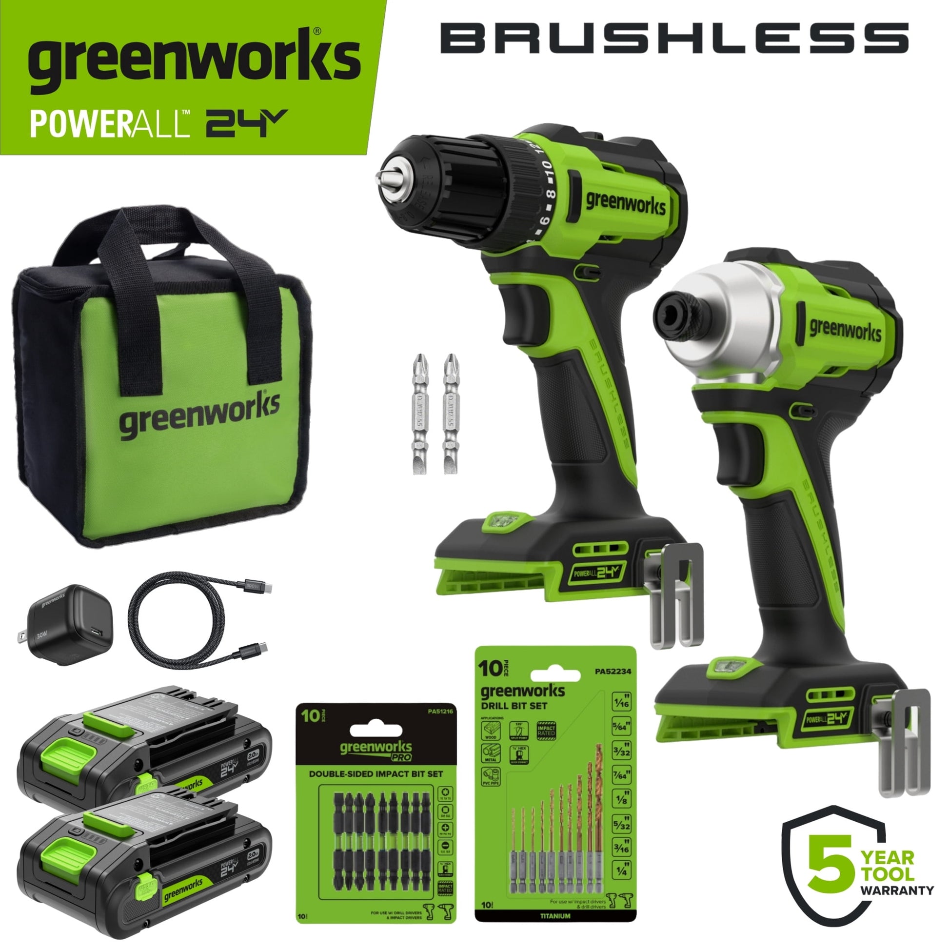 Greenworks PowerAll 24V Brushless 300 in-lbs Drill Driver + Impact Driver, (2) 2Ah Batteries, 30W Charger and Cable, 2 Belt Clips and 2 bits and Bag, CK326A2