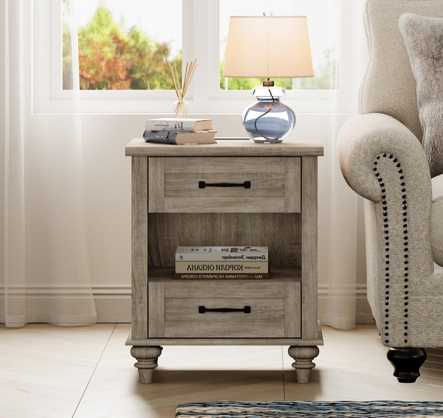 Grey End Table with 2 Drawers & Open Shelf, Wooden Side Table Nightstand with Charging Station for Living Room & Bedroom