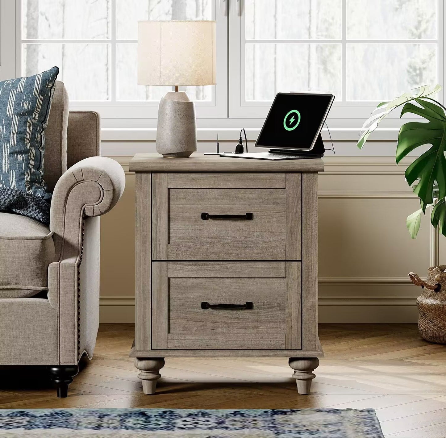 Grey End Table with 2 Drawers, Wooden Side Table Nightstand with Charging Station for Living Room & Bedroom