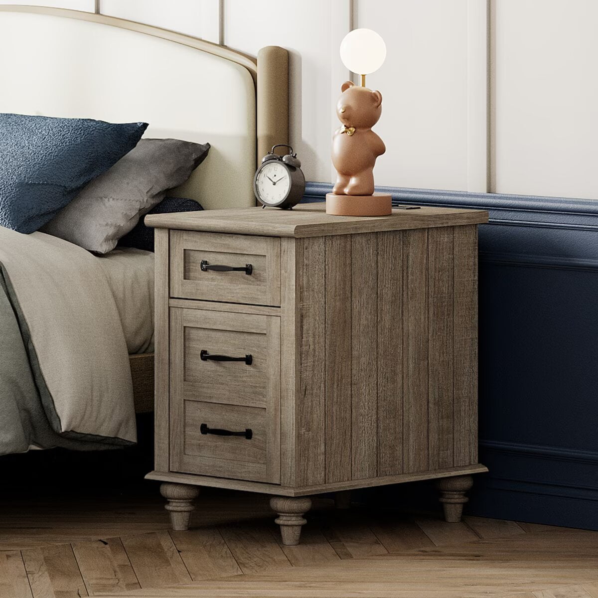 Mesa Auxiliar Gris con CajÃ³n y Gabinete, Mesa Final Elegante con EstaciÃ³n de Carga, Mesa de Noche de Madera para Dormitorio, Sala de Estar