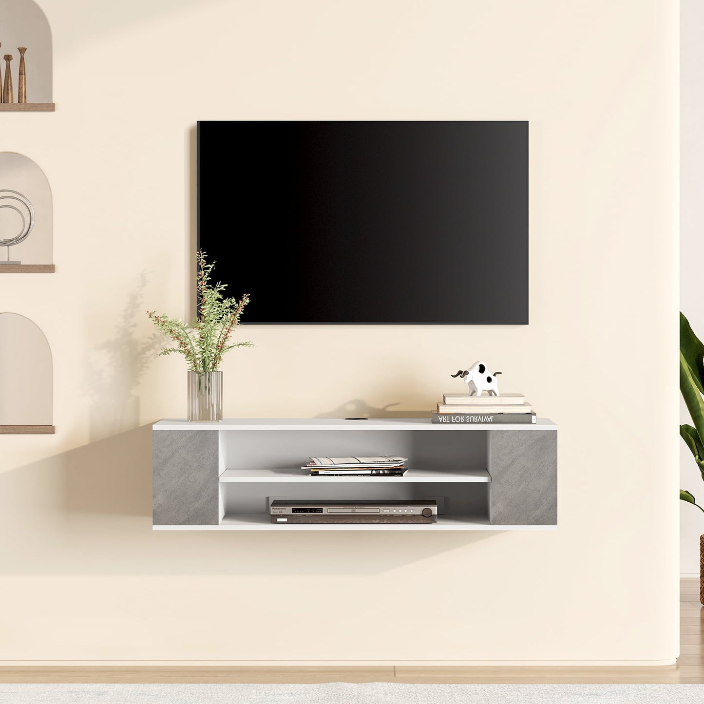 Grey&White Floating TV Stand Wall Mounted, Modern Floating Media Storage Shelves TV for Wall, 39.3 inch