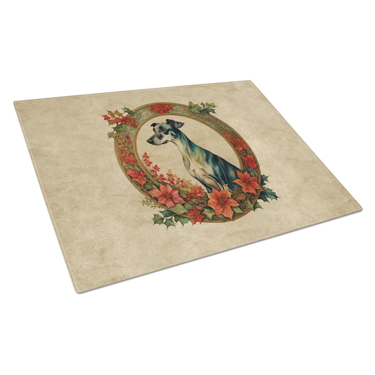 Greyhound Christmas Flowers Glass Cutting Board 12 in x 15 in