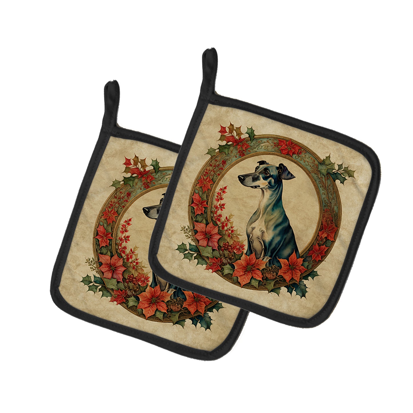Greyhound Christmas Flowers Pair of Pot Holders 7.5 in x 7.5 in
