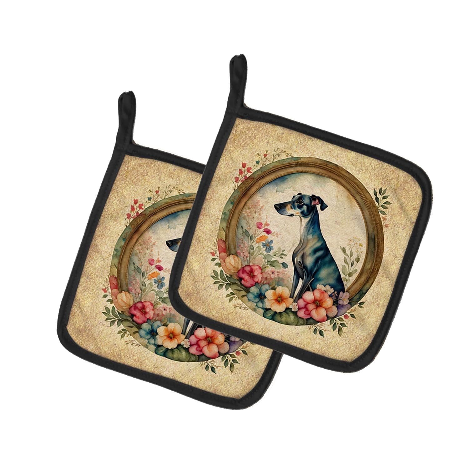 Greyhound and Flowers Pair of Pot Holders