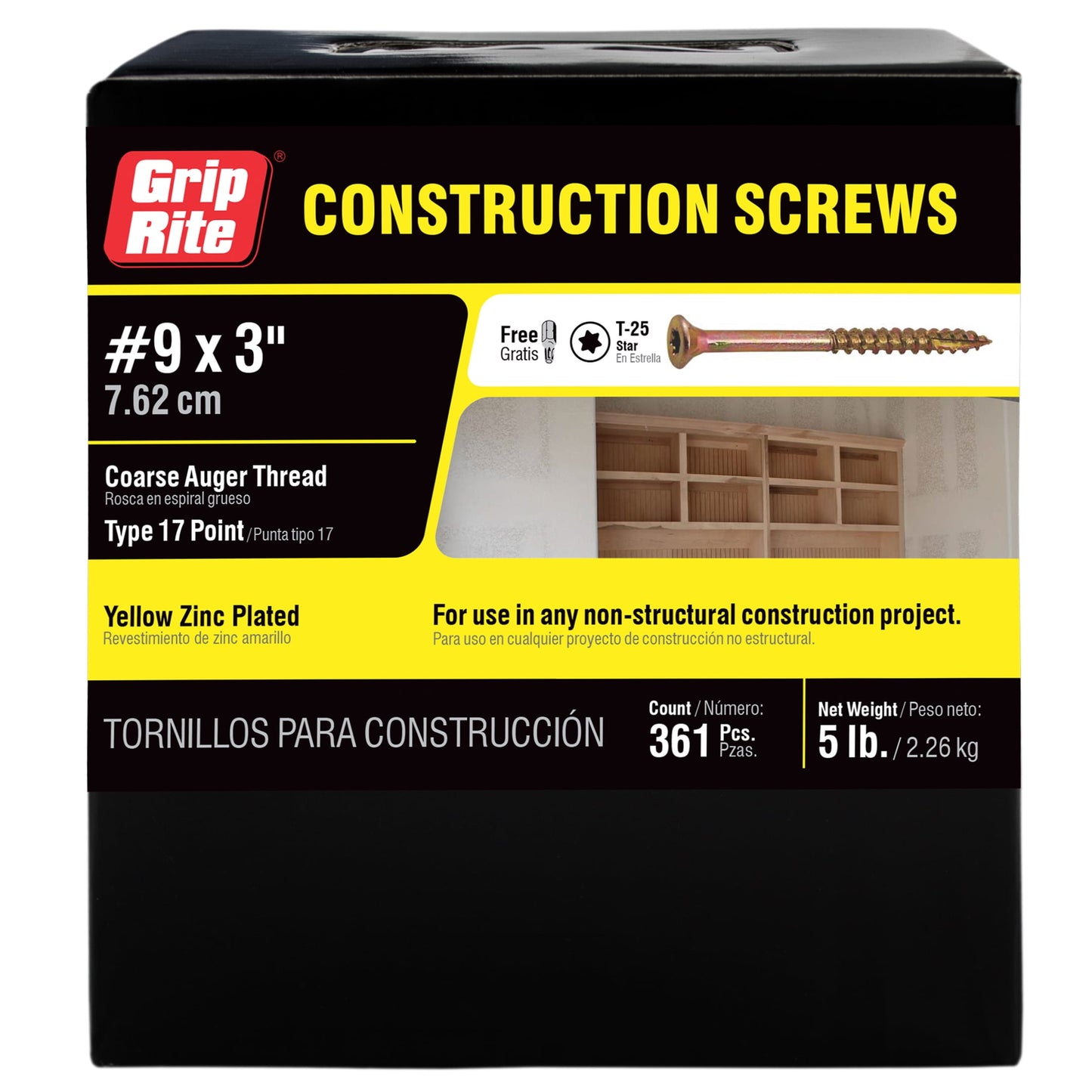 Grip-Rite #9 X 3 in. Star Drive Gold Construction Wood Screw 5 lbs.