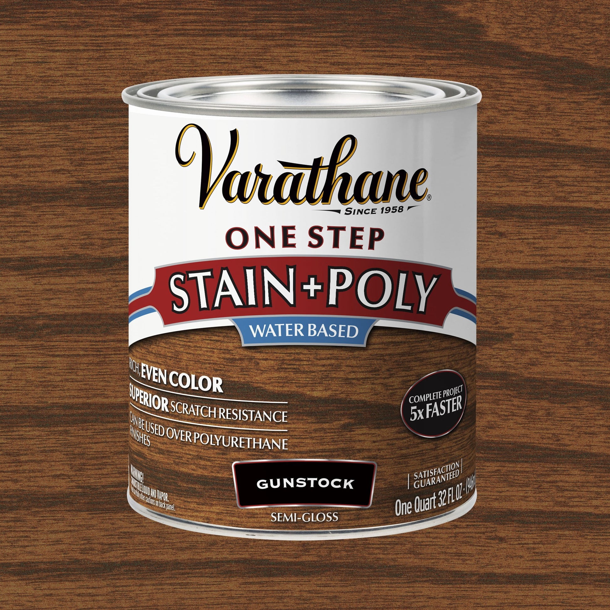Gunstock, Varathane One Step Interior Wood Stain + Polyurethane, Semi-Gloss -384368, Quart