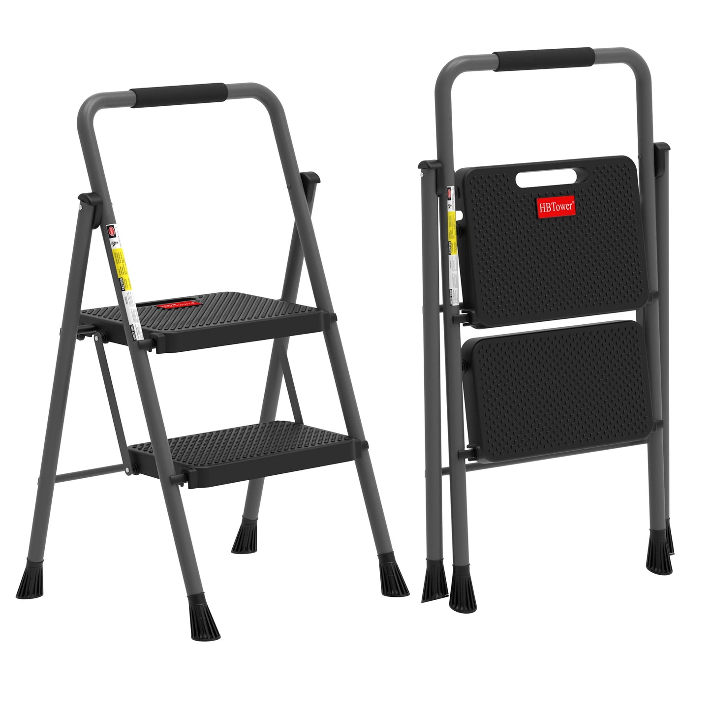 HBTower Steel 2 Step Ladder with Anti-Slip Pedals, 330lbs Capacity, Lightweight for Home Use, Gray
