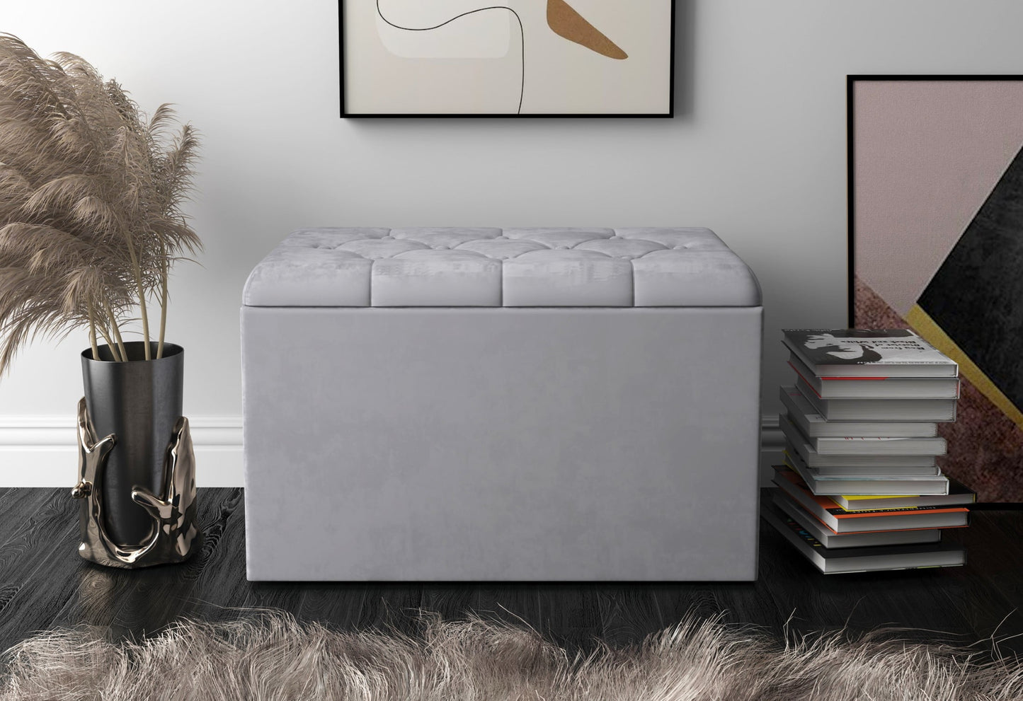 Home Design Arya Upholstered 30" Flip Top Storage Bench with Button Tufted Velvet Seat, Foam Padding, and Hidden Storage, Multi-Purpose Entryway or Bedroom Seating, Gray