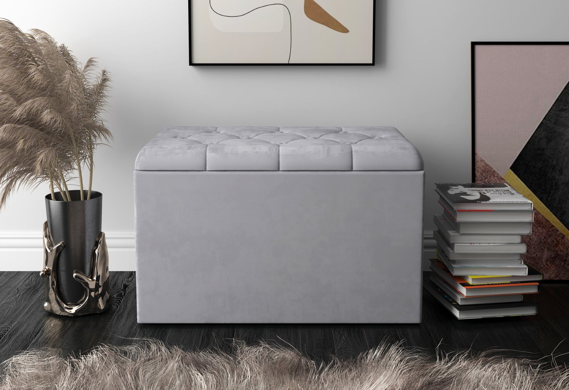 Home Design Arya Upholstered 30" Flip Top Storage Bench with Button Tufted Velvet Seat, Foam Padding, and Hidden Storage, Multi-Purpose Entryway or Bedroom Seating, Gray