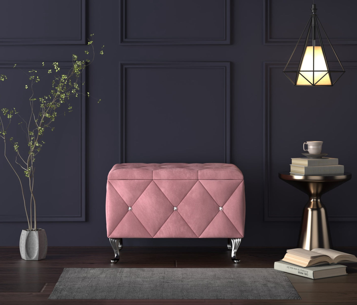 Home Design Bodhi Upholstered 30" Flip Top Storage Bench with Diamond Tufted Velvet Seat, Spacious Hidden Storage, and Multi-Purpose Rectangular Design for Bedroom or Living Room, Pink