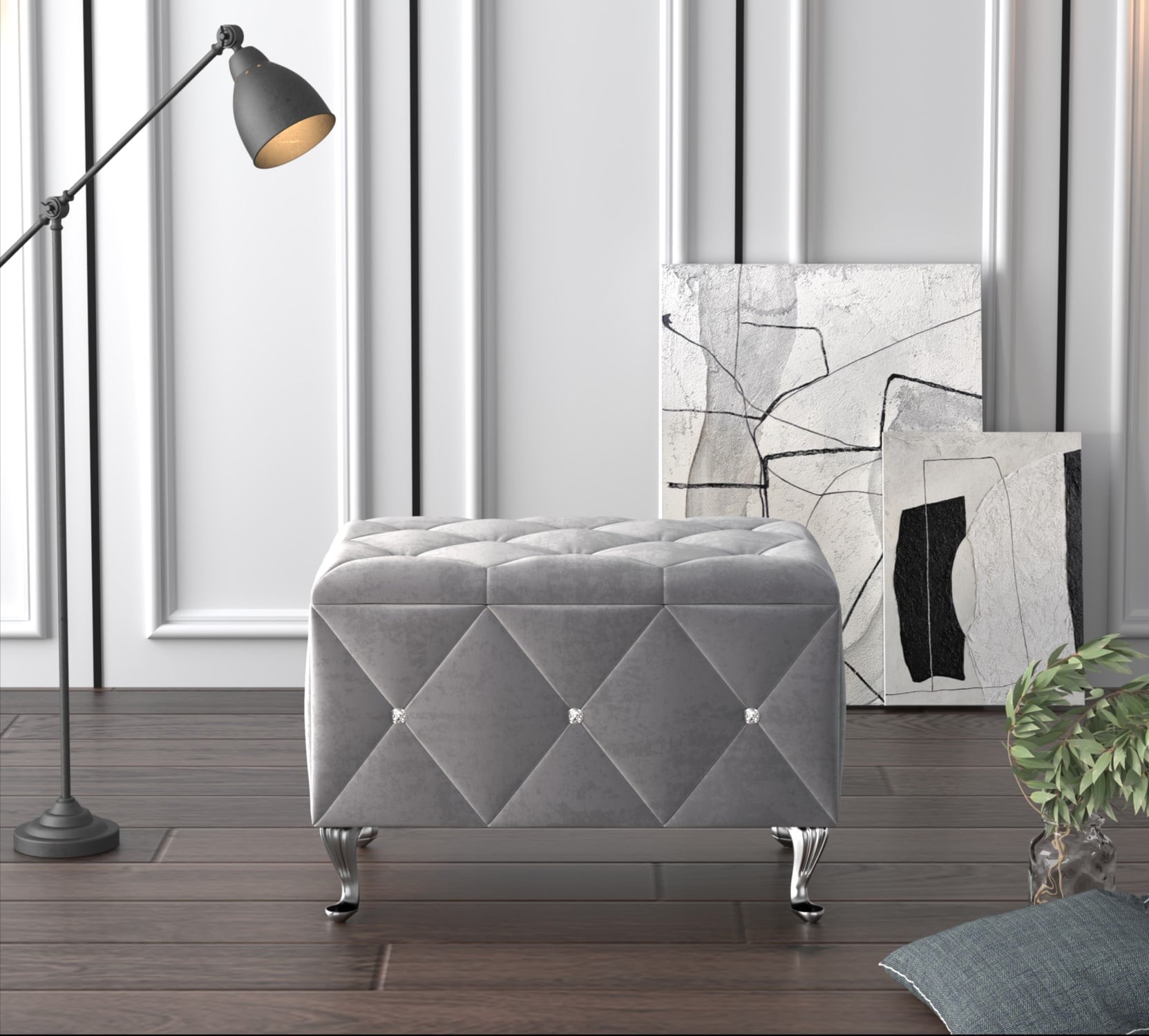 Home Design Bodhi Upholstered 30" Flip Top Storage Bench with Diamond Tufted Velvet Seat, Spacious Hidden Storage, and Multi-Purpose Rectangular Design for Bedroom or Living Room, Silver Gray
