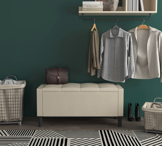 Home Design Braylen Upholstered 42" Flip Top Storage Bench with Button Tufted Velvet Seat, Spacious Hidden Storage, Modern Rectangular Design for Bedroom or Living Room, Beige