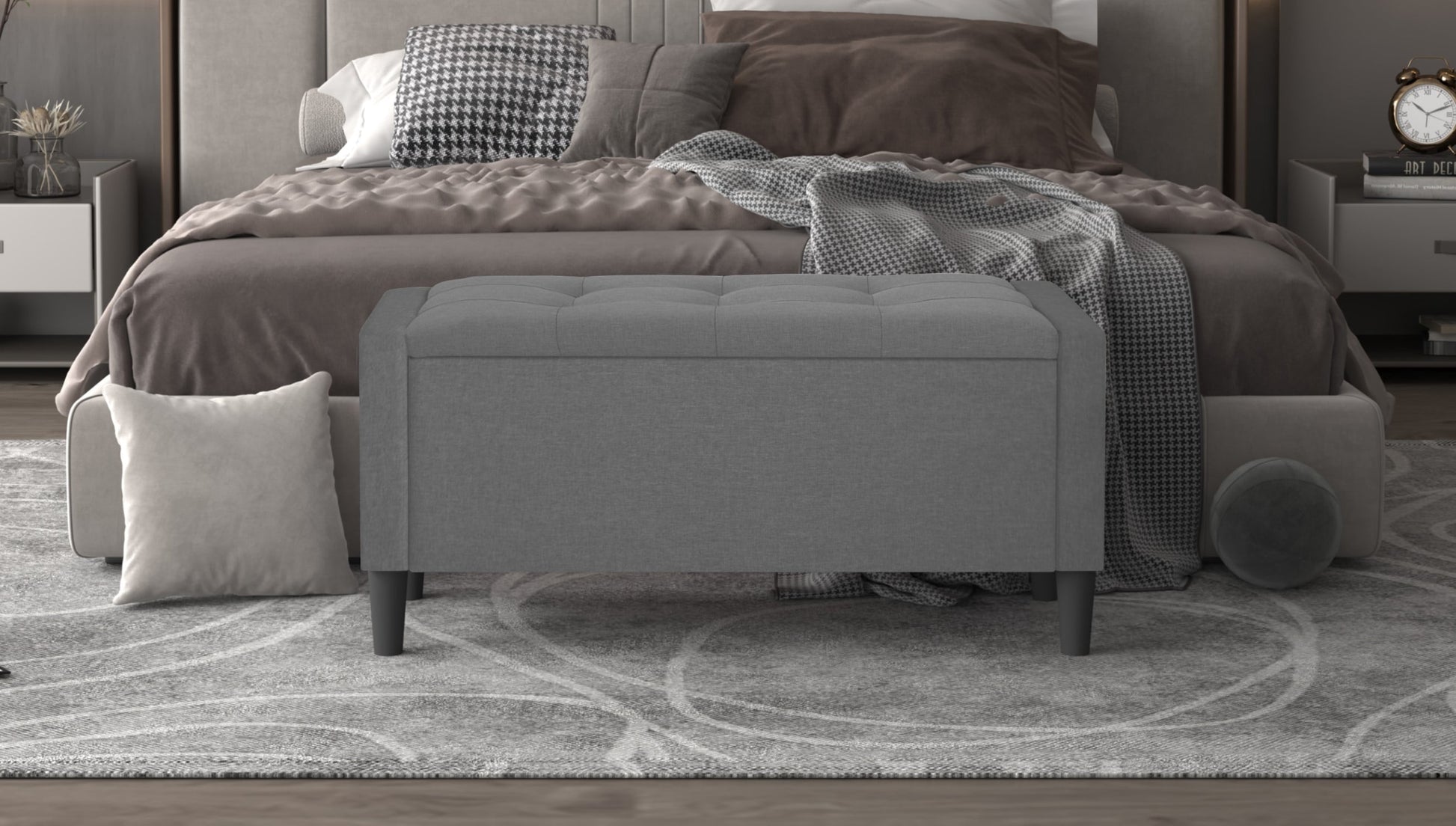 Home Design Braylen Upholstered 42" Flip Top Storage Bench with Button Tufted Velvet Seat, Spacious Hidden Storage, and Sturdy Tapered Legs, Modern Rectangular Design for Bedroom or Living Room, Gray