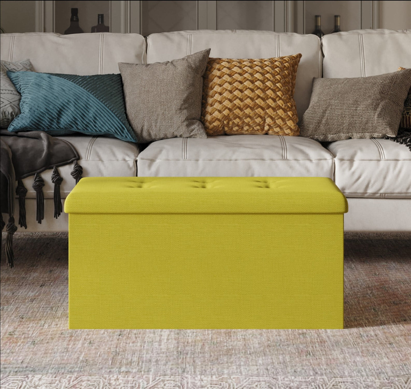 Home Design Banco de Almacenamiento Plegable Tapizado Florence con Asiento Relleno de Espuma, DiseÃ±o Rectangular Multiusos para Asiento, ReposapiÃ©s O Almacenamiento Oculto en Sala de Estar U Oficina, Lino Verde
