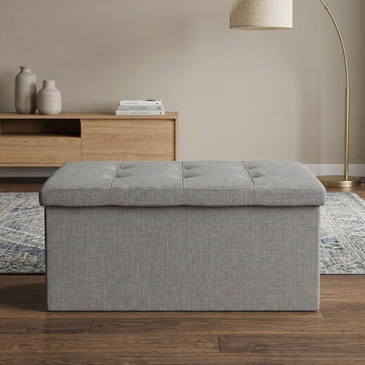 Home Design Upholstered Folding Storage Bench â€“ Grey Linen, Padded Seat with Hidden Storage, Collapsible Design