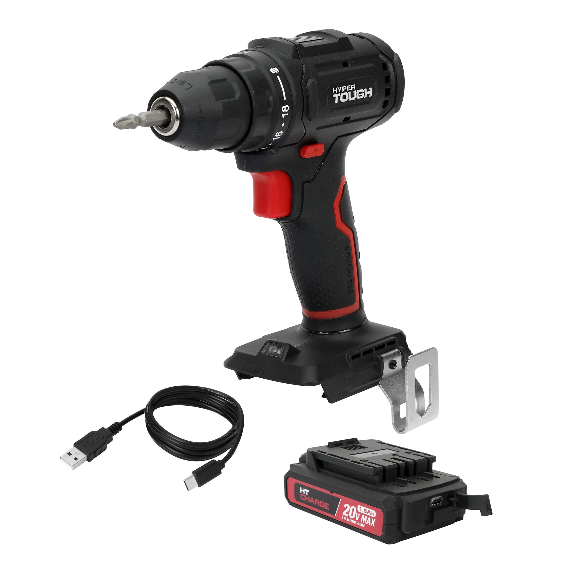 Hyper Tough 20V Brushless Cordless Drill with 1.5Ah Battery and USB-C Charging Cable