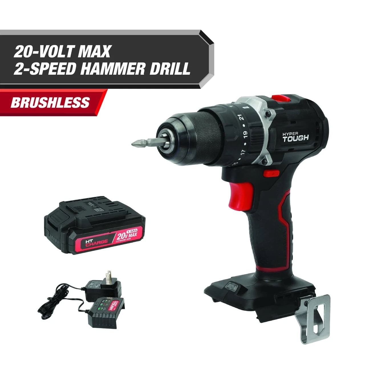 Hyper Tough 20V Brushless 1/2-inch 2-Speed Cordless Hammer Drill Battery & Charger