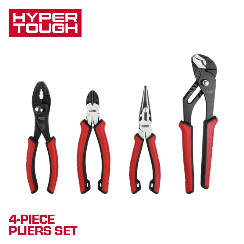 Hyper Tough 4-Piece CR-V Pliers Set with Dual Material Comfort Grips