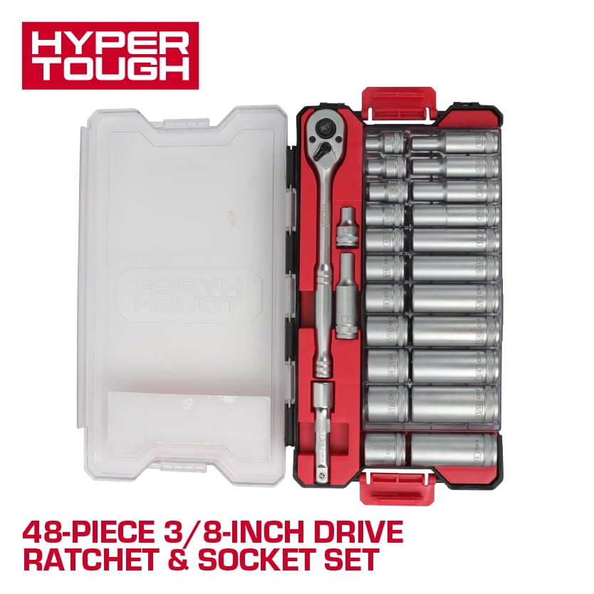 Hyper Tough 3/8-inch Drive Ratchet and Socket Set, SAE and Metric, 48 Pieces