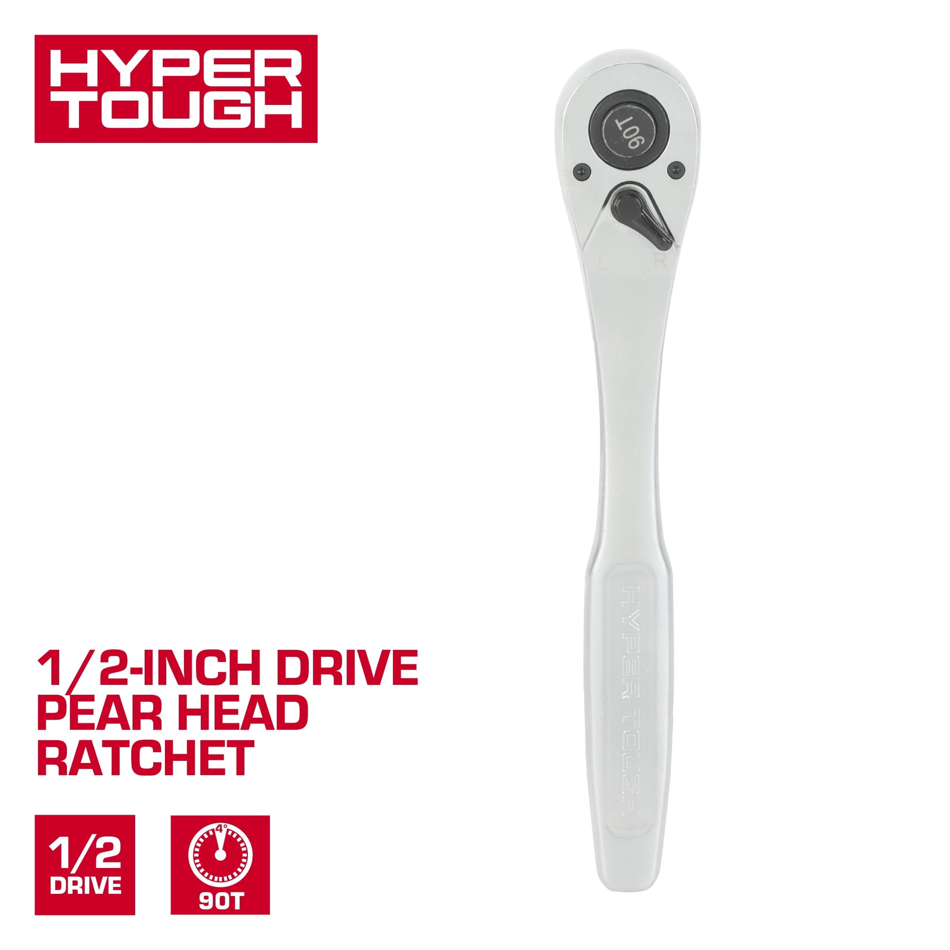 Hyper Tough 1/2-inch Drive Pear Head Ratchet, 90 Tooth