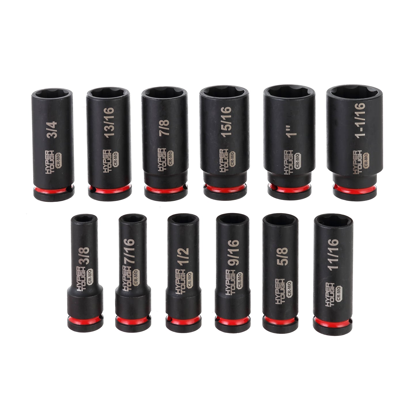 Hyper Tough 1/2-Inch Drive Impact Deep Socket Set, SAE, 12 Pieces