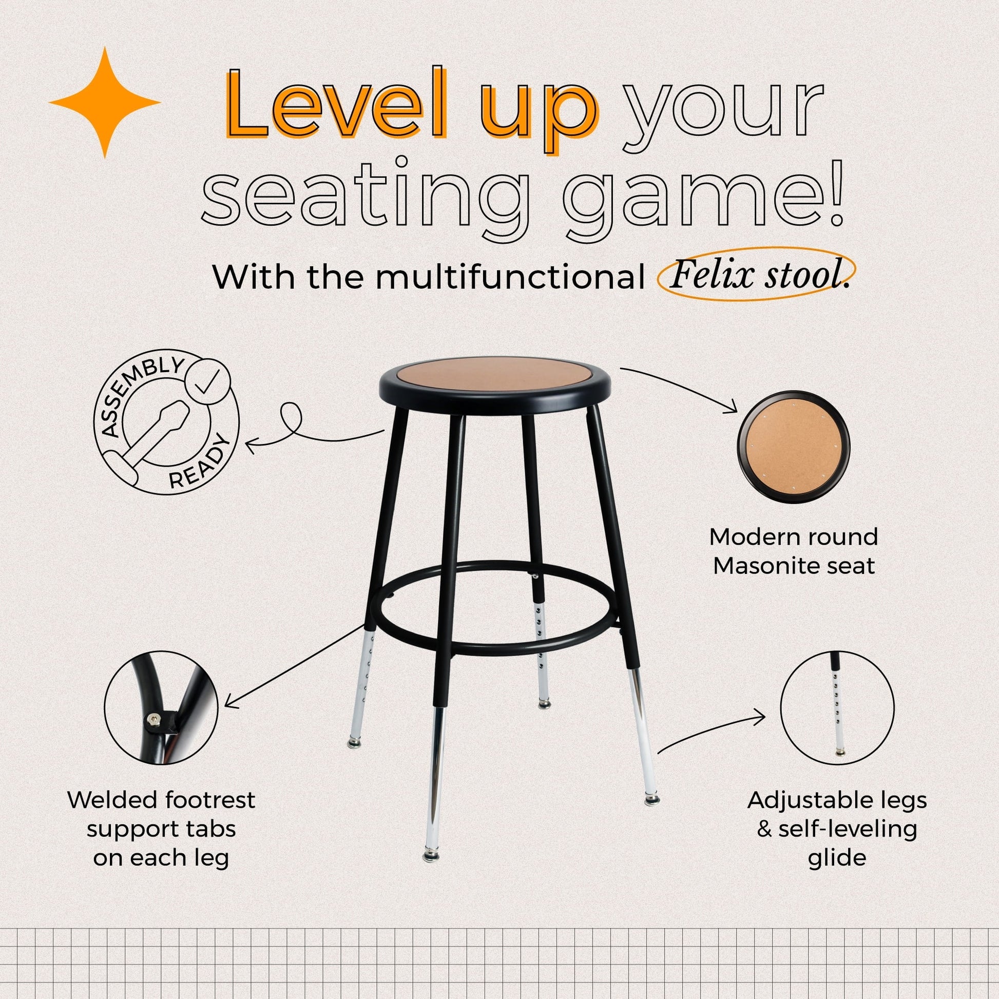 Hampden Furnishings Felix Collection Height Adjustable 19-27 Inch Steel Stool, Black, AssemblyReady