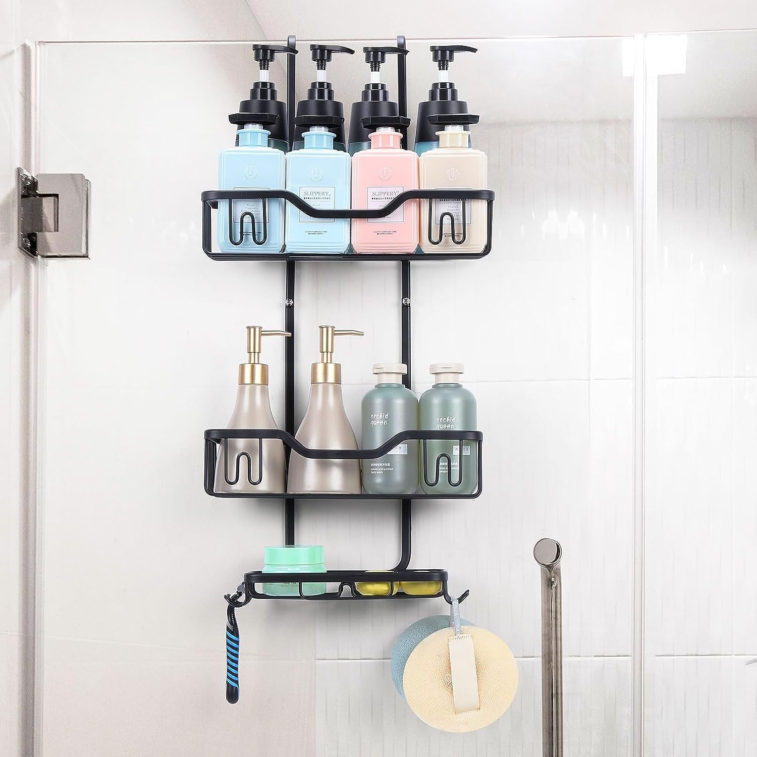Hanging Shower Caddy Bathroom Shower Organizer Shelves with 4 Hooks and Soap Rack, Black