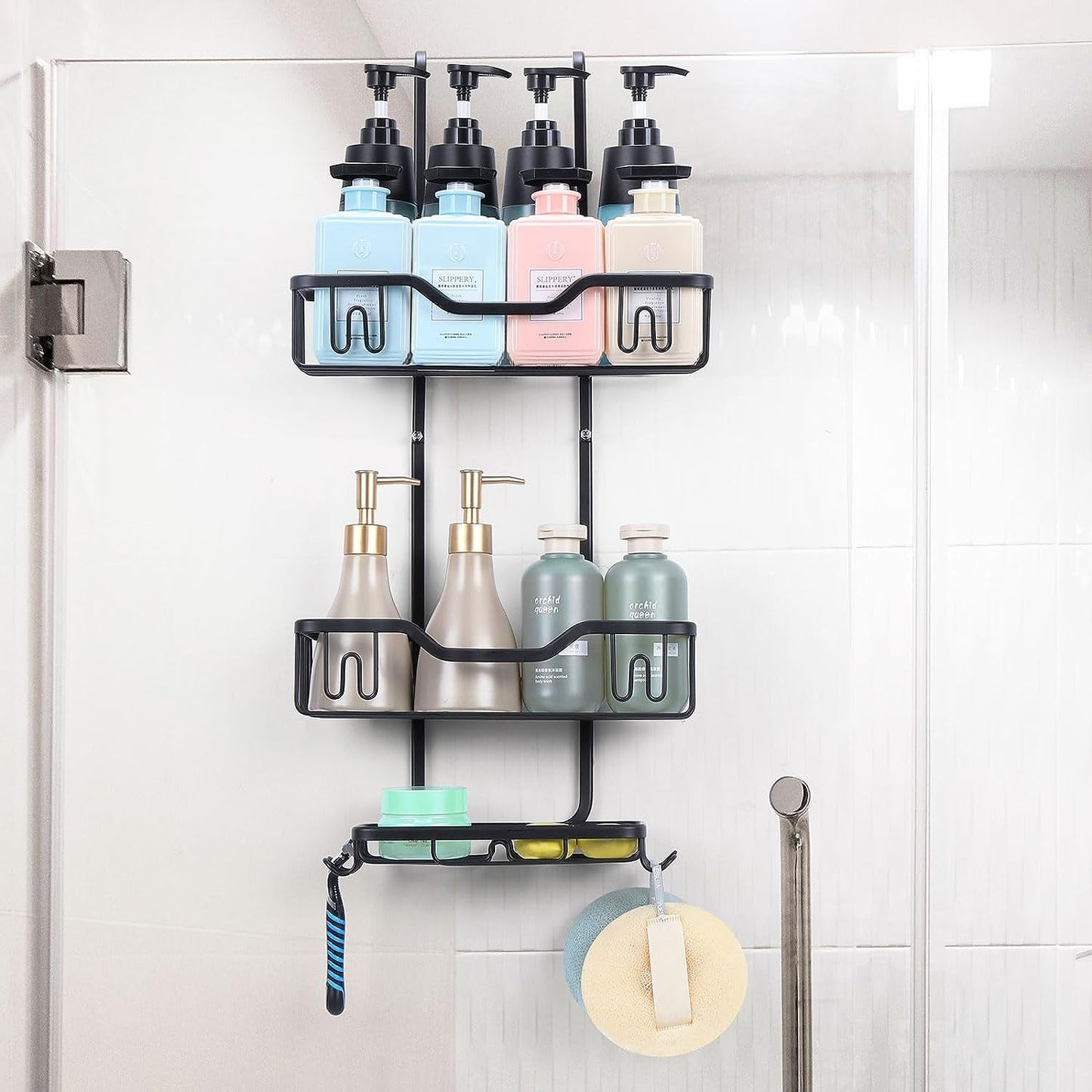 Organizador de Ducha Colgante para BaÃ±o con Estantes, 4 Ganchos y Jabonera, Negro