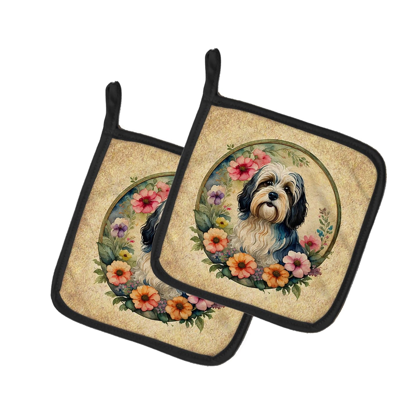 Havanese and Flowers Pair of Pot Holders