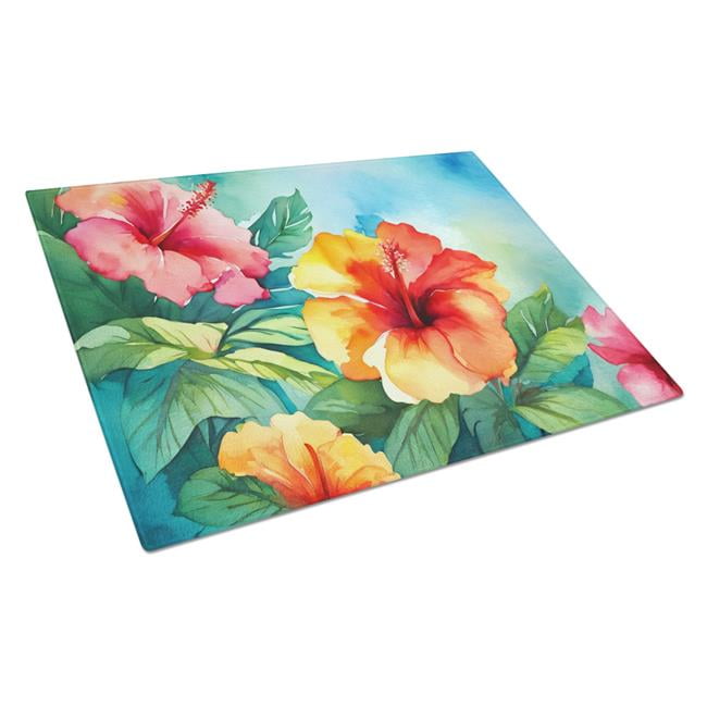 Hawaii Hawaiian Hibiscus in Watercolor Glass Cutting Board Large 12 in x 15 in
