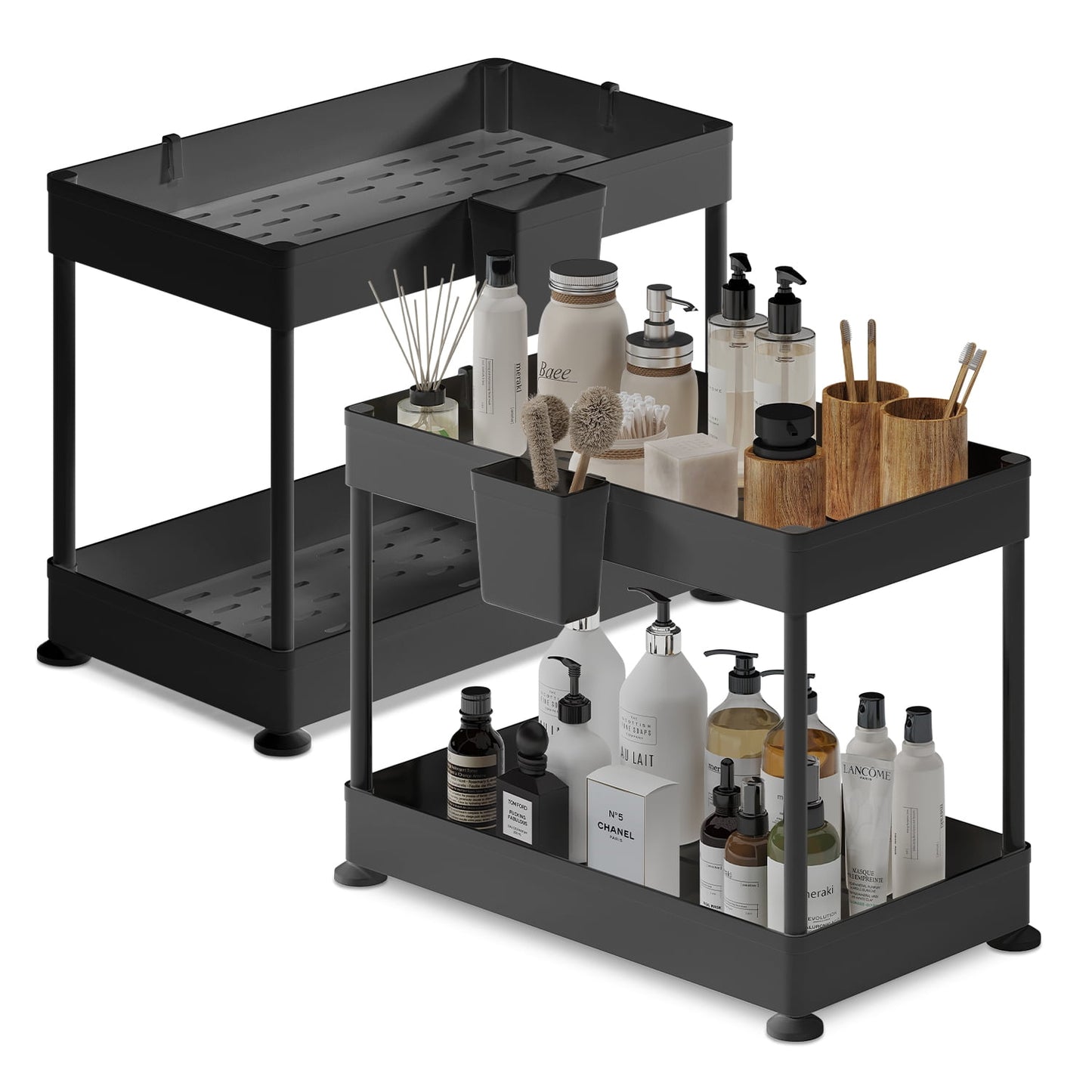 Hearth and Harbor Under Sink Organizer, Bathroom Cabinet Organizer, Utility Hooks And Side Caddy For Under Cabinet Storage, None Slip Grip Under Kitchen Sink Organizer, Black (2-Pack)