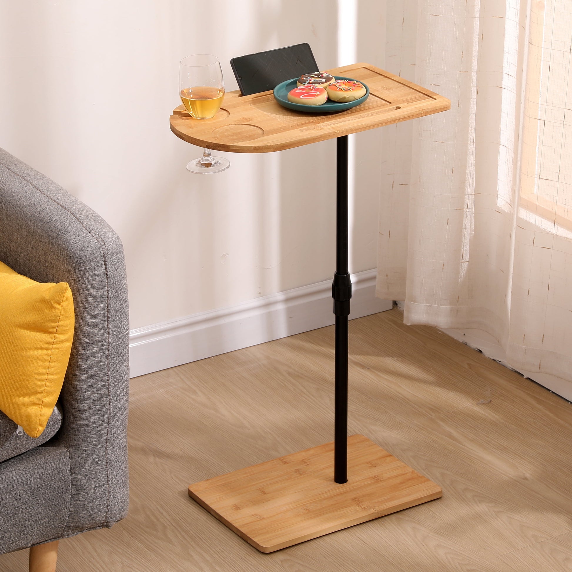 Height Adjustable C-Shaped Side Table, Oval & Rectangle Couch Tray Table with Storage Shelf, Built-in Slot & Cup Holder, Stable Metal Base End Table for Sofa, Bed, Living Room Bedroom