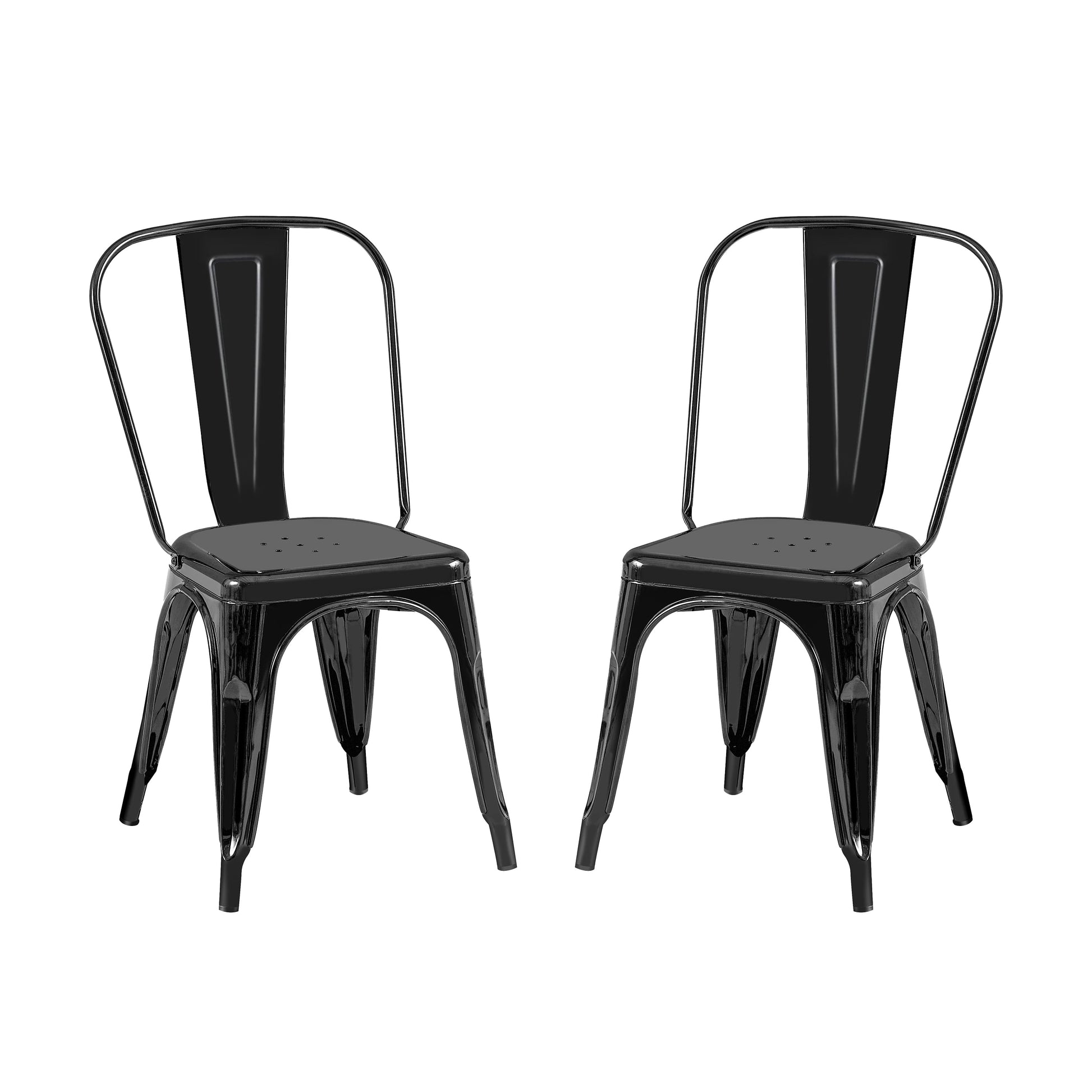 High Gloss Black Industrial Metal Dining Chairs 18 Inch Seat Height Stackable, Set of 2