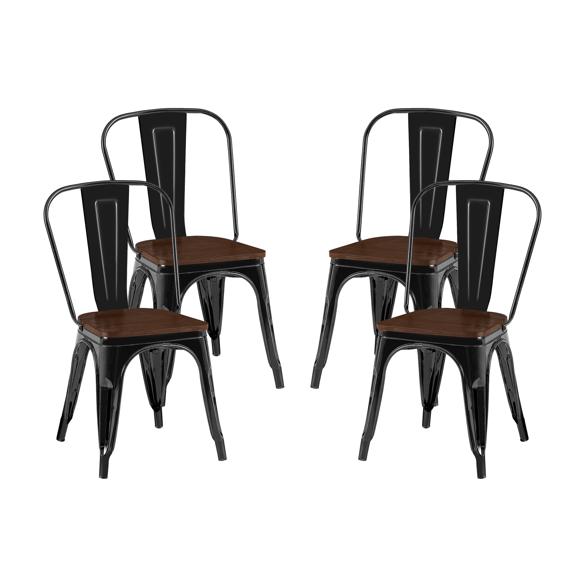 High Gloss White with Walnut Wooden Seat Industrial Metal Dining Chairs 18 Inch Seat Height Stackable, Set of 2
