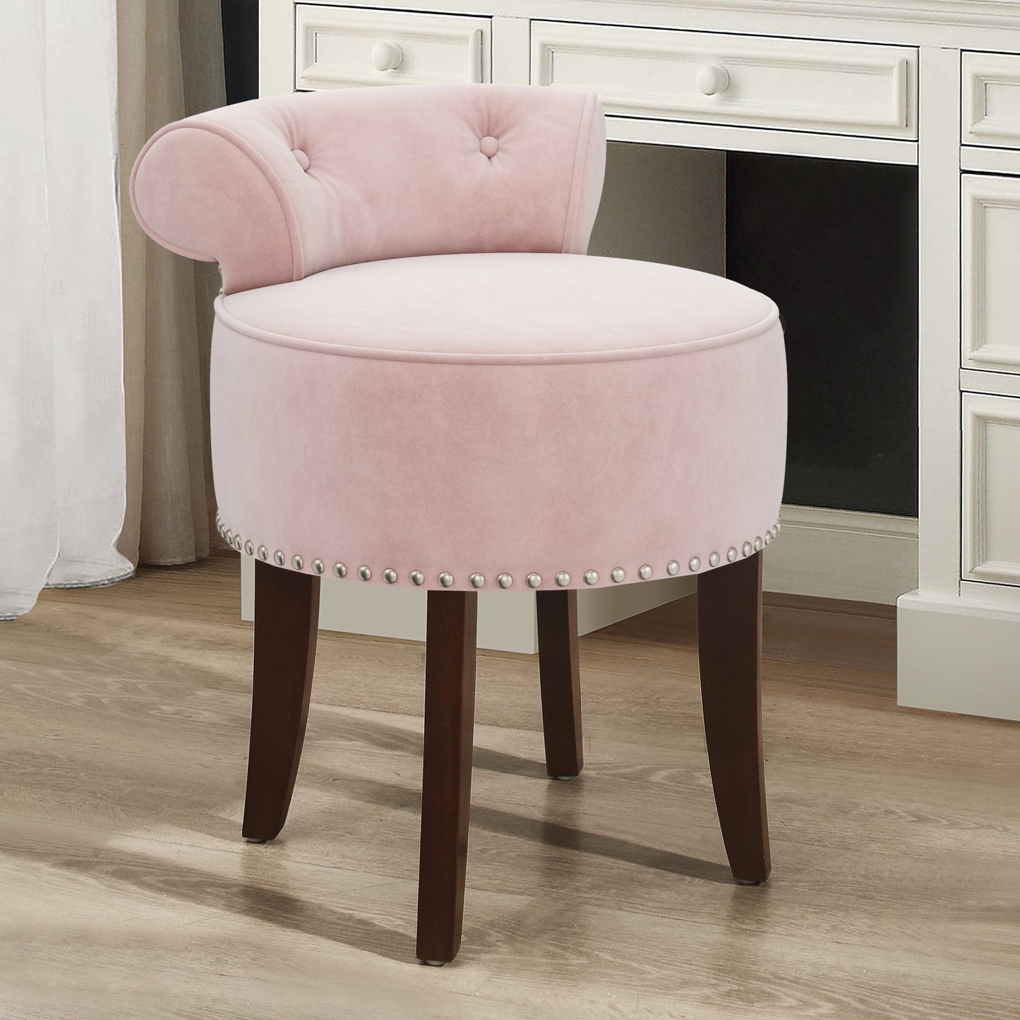 Hillsdale Lena Contemporary Wood/Fabric Vanity Stool in Pink