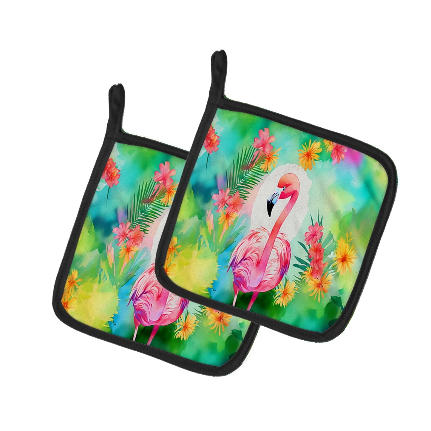 Hippie Animal Flamingo Pair of Pot Holders 7.5 in x 7.5 in