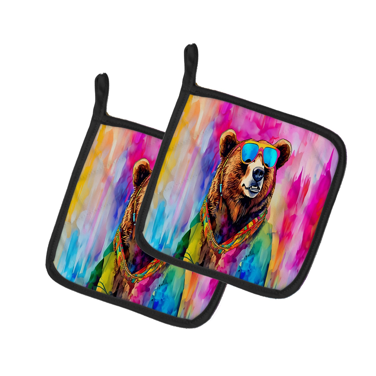 Hippie Animal Grizzly Bear Pair of Pot Holders 7.5 in x 7.5 in