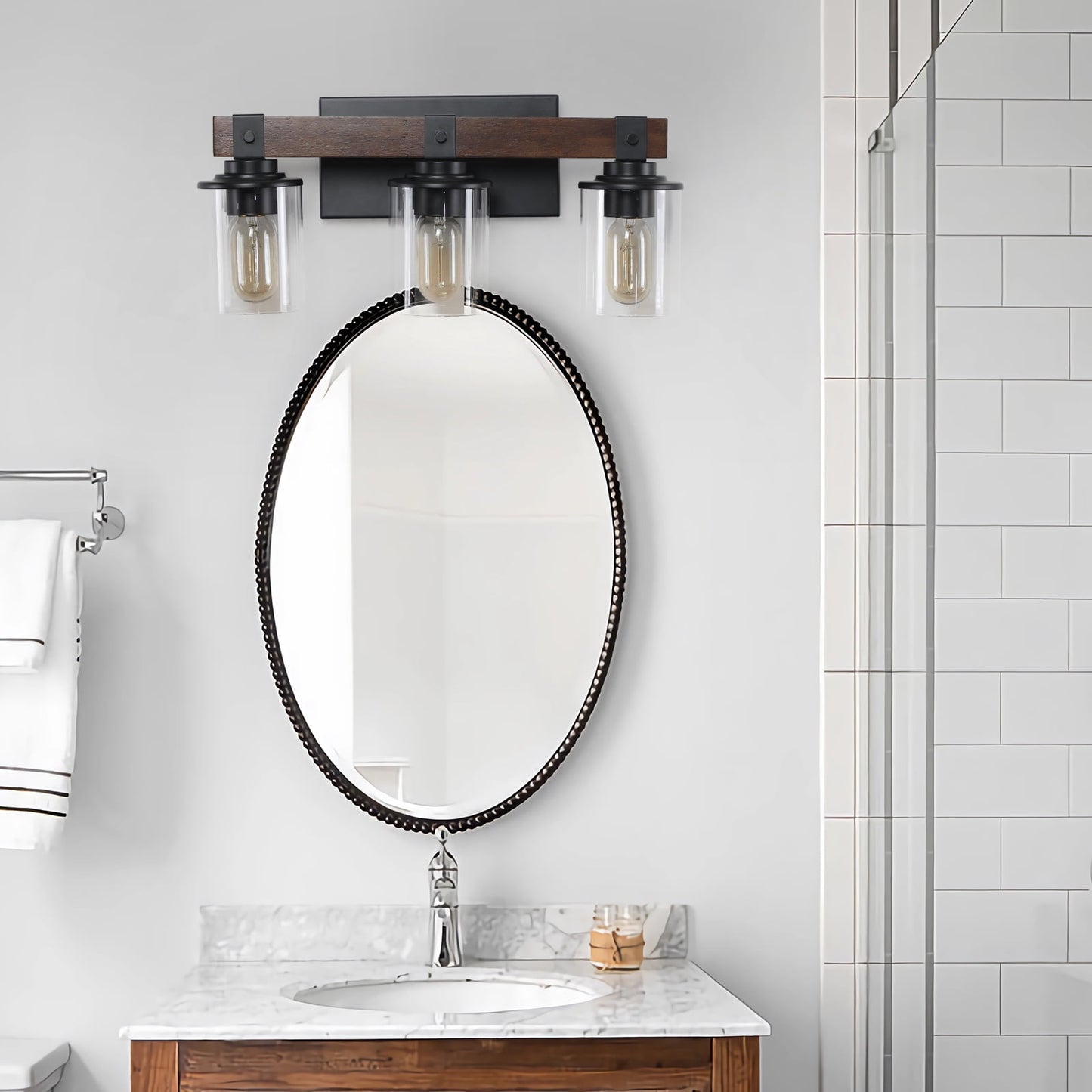 Holaki 19" Rustic 3-Light Vanity Light, Industrial Bathroom Wall Sconce with Glass Shades and Wood Accent, Modern Farmhouse Lighting Fixture, Walnut (E26, No Bulbs)